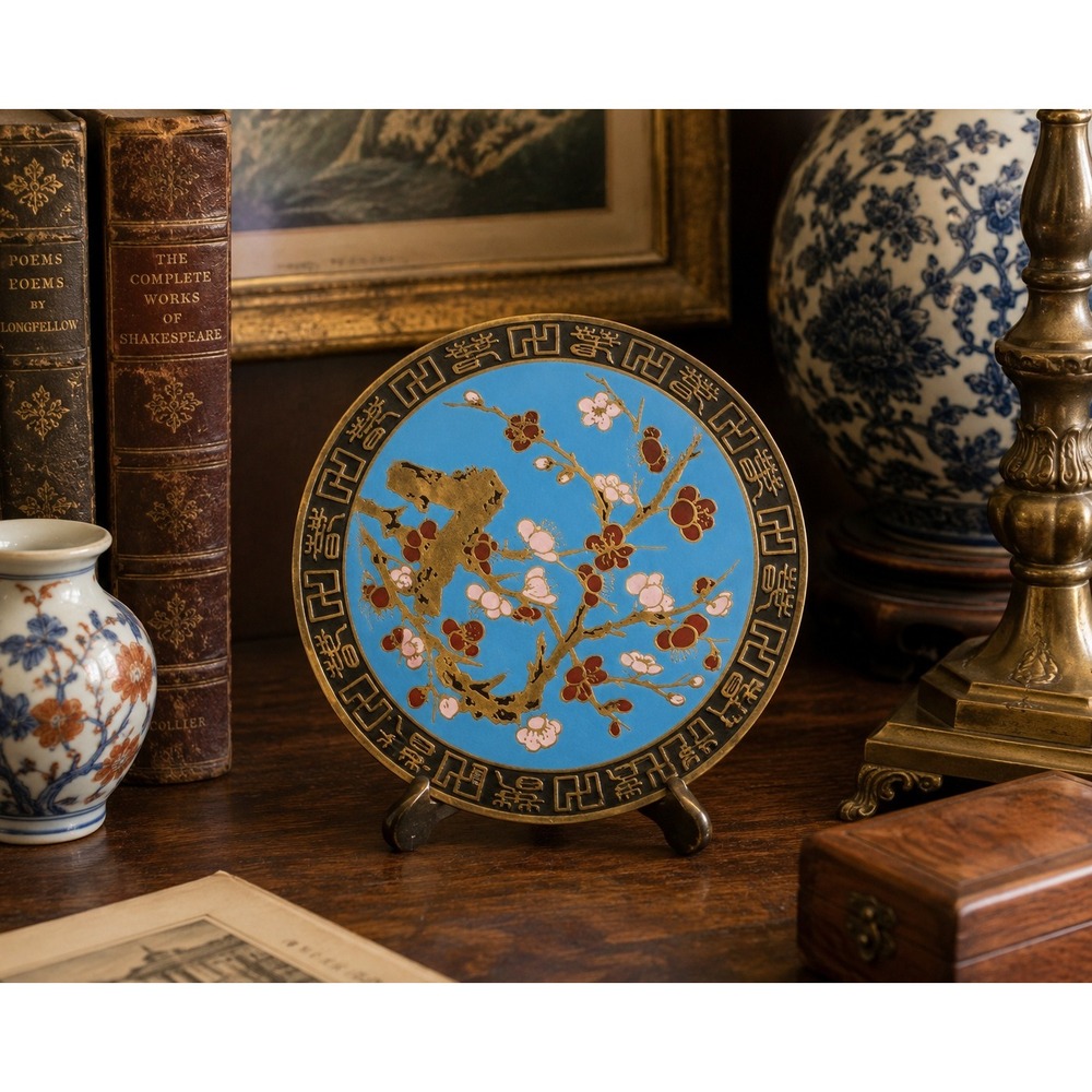 Vintage Brass Cloisonne Enamel Plate Blue Cherry Blossom Taiwan Republic China